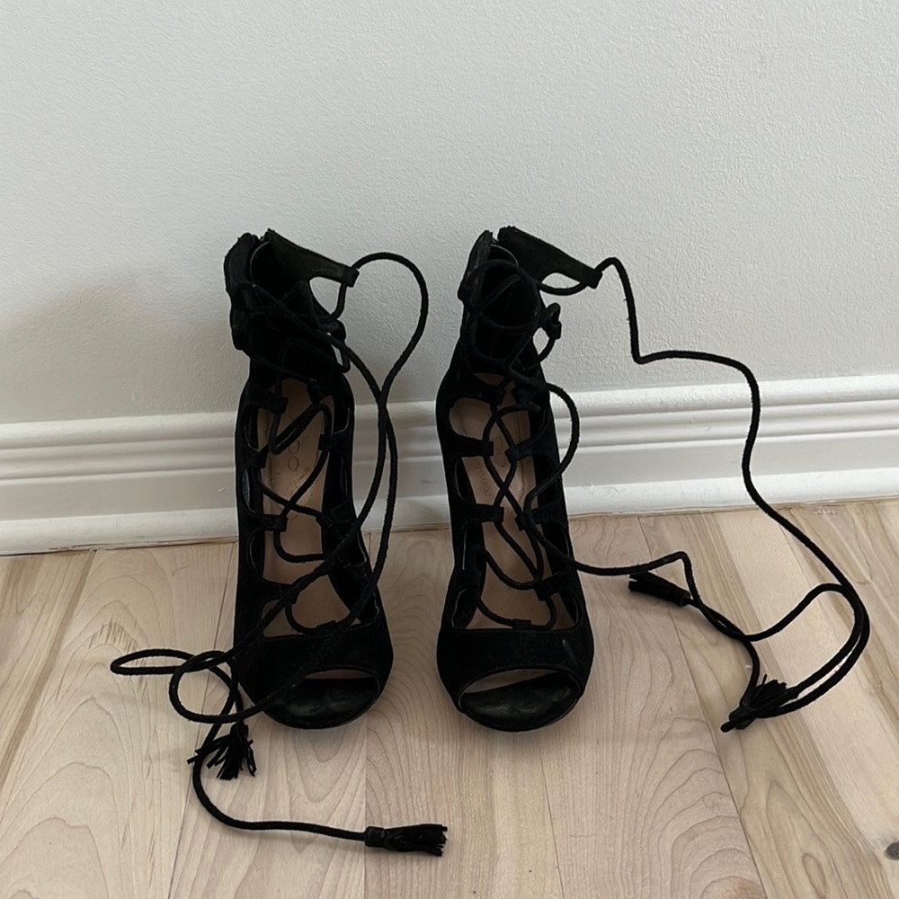 Black suede lace up heels